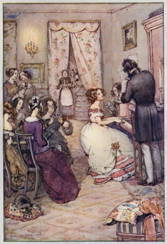 Illustration til Cranford af fru Gaskell (farve litho) af Evelyn Paul