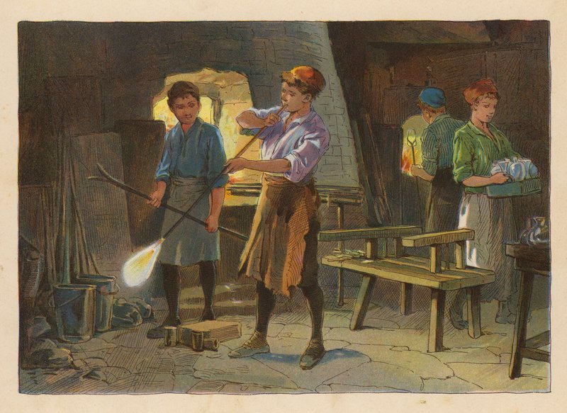 Små arbejdere: Glaspustning (farvelitografi) af Evelyn Stuart Hardy