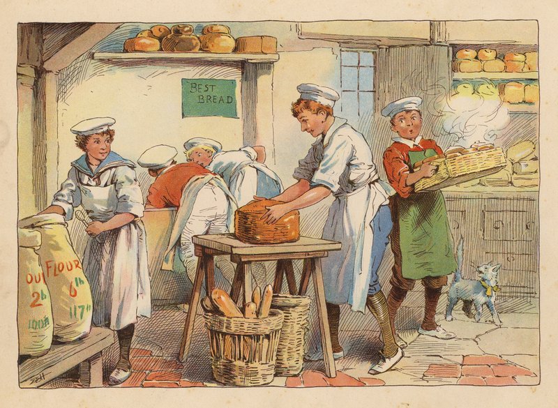 Små arbejdere: Bagerne (farvelitografi) af Evelyn Stuart Hardy