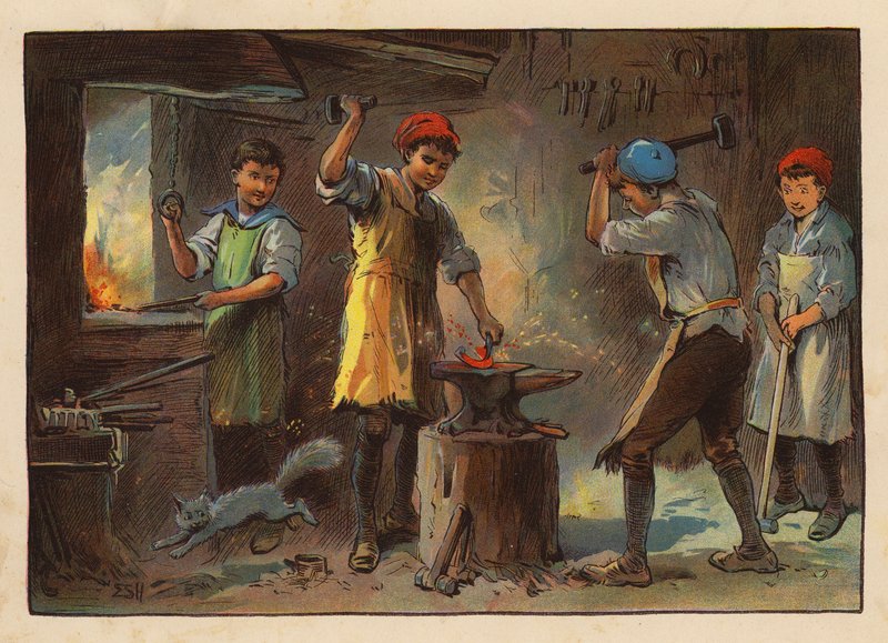 Små arbejdere: Smeden (farvelitografi) af Evelyn Stuart Hardy