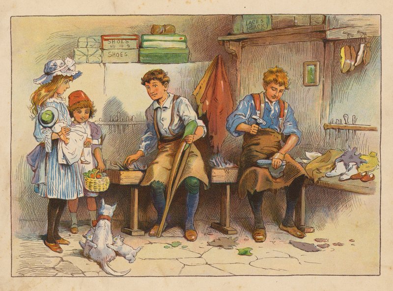 Små arbejdere: Støvle- og skomageren (farvelitografi) af Evelyn Stuart Hardy