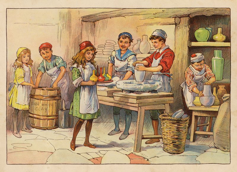 Små arbejdere: The Potters (farvelitografi) af Evelyn Stuart Hardy