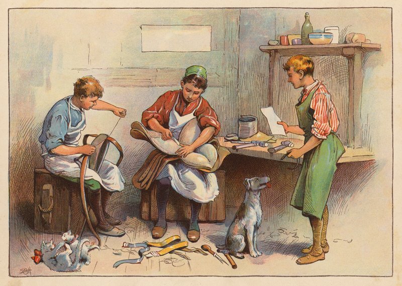 Små arbejdere: Sadelmageren og seletøjsmageren (farvelitografi) af Evelyn Stuart Hardy