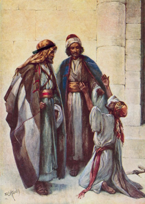 Peter og Johannes og den lamme mand (farve litho) af Evelyn Stuart Hardy