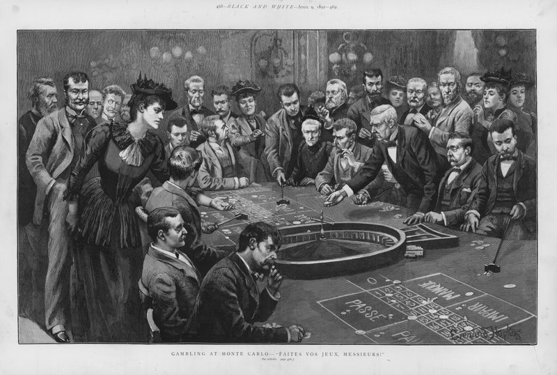 Spil ved et roulettebord i kasinoet i Monte Carlo, Monaco (litho) af Everard Hopkins
