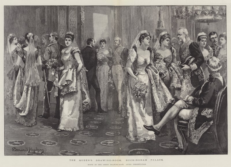 Dronningens tegnestue, Buckingham Palace, scene i den grønne tegnestue efter præsentation af Everard Hopkins