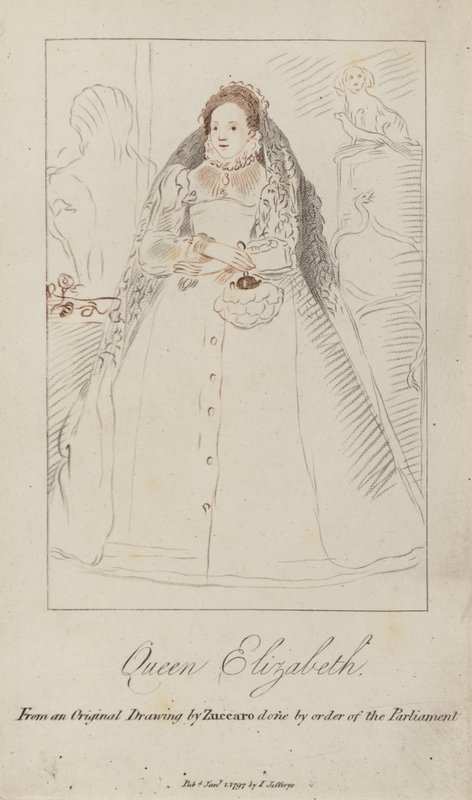 Dronning Elizabeth I (farvet gravering) af Federico (after) Zuccari or Zuccaro