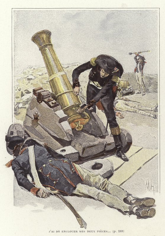En soldat inspicerer en kanon ved siden af liget af den døde soldat af Felicien baron de Myrbach Rheinfeld