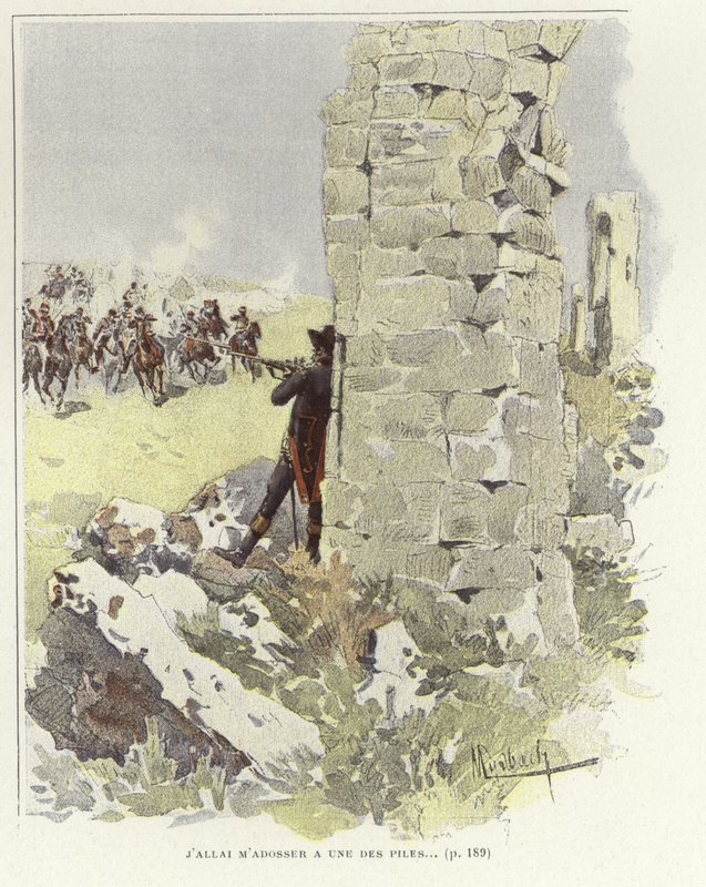 En soldat læner sig op ad en ødelagt mur, mens han tager sigte på det modkørende overfald af Felicien baron de Myrbach Rheinfeld