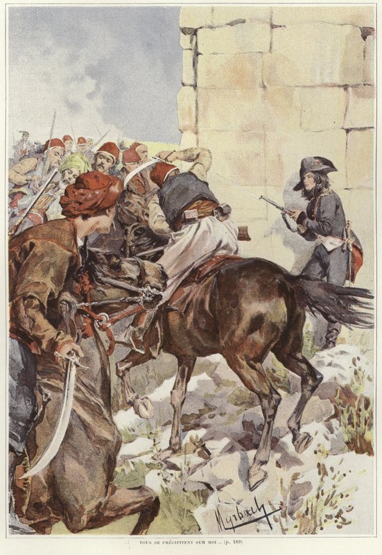 En soldat sigter sin riffel, da han bliver angrebet af Felicien baron de Myrbach Rheinfeld