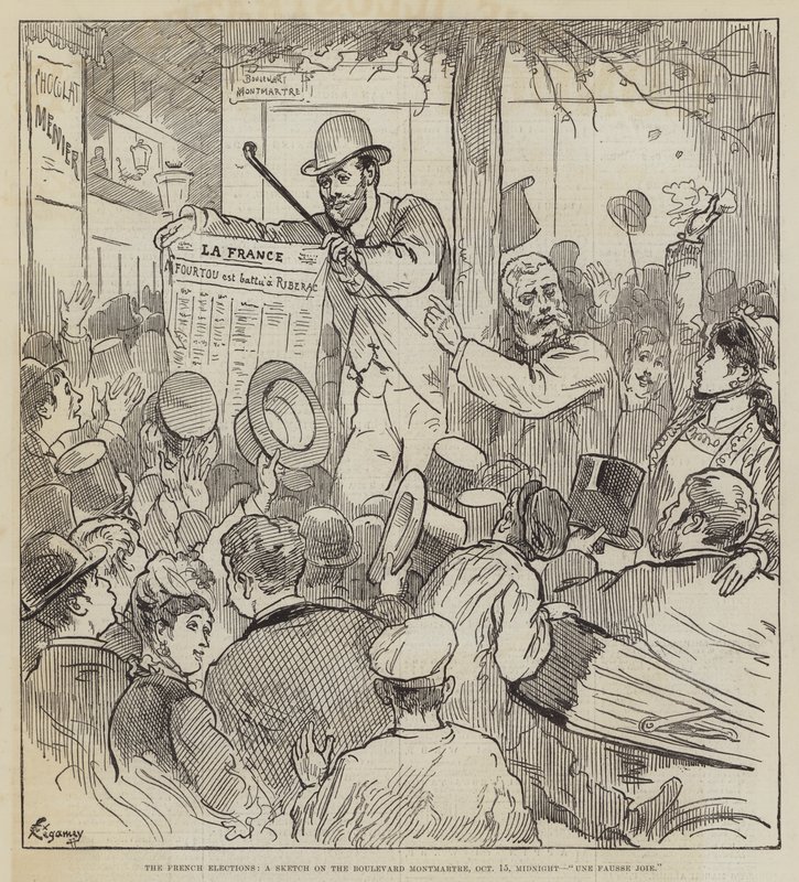 Det franske valg, en skitse på Boulevard Montmartre, 15. oktober, midnat, Une Fausse Joie af Felix Regamey