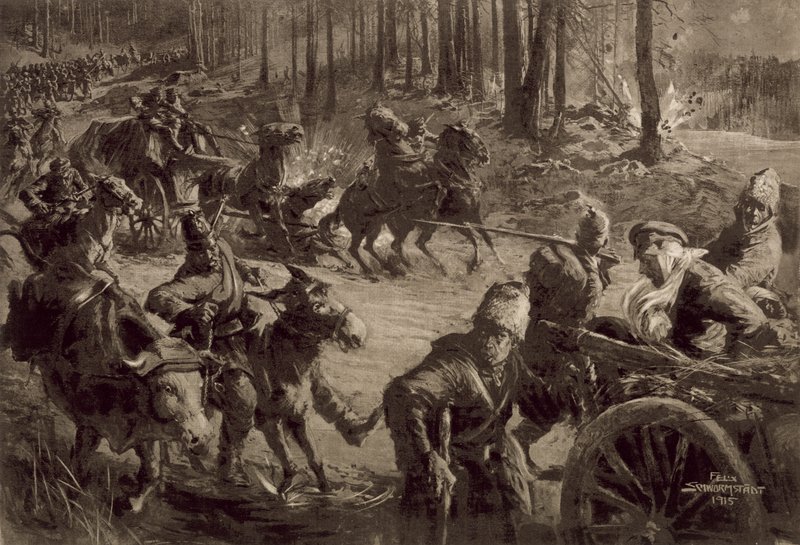 Tyske tropper med krigsbytte og fanger og tilfangetagne kvæg af Felix Schwormstadt