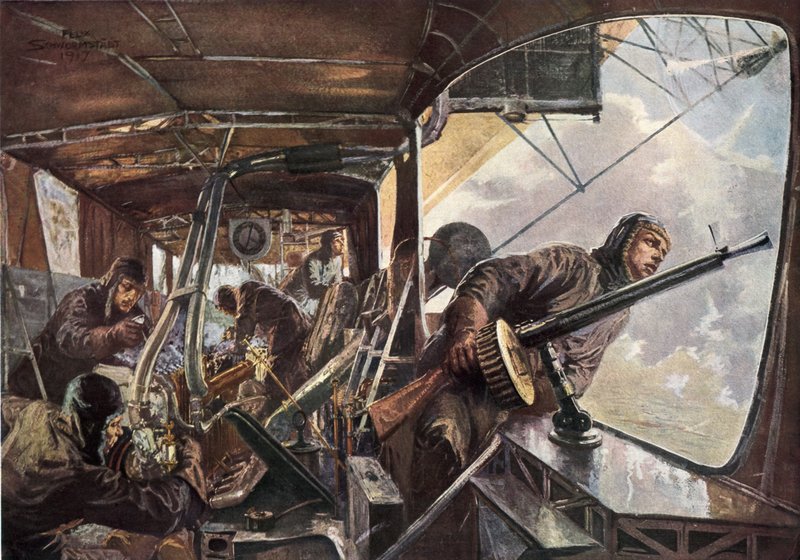 I ryggen af en Zeppelin, mens han vendte tilbage efter et vellykket angreb på England af Felix Schwormstadt