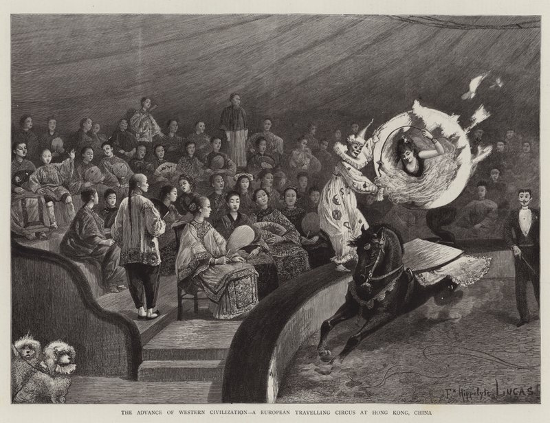The Advance of the Western Civilization, et europæisk rejsecirkus i Hong Kong, Kina af Felix Hippolyte Lucas