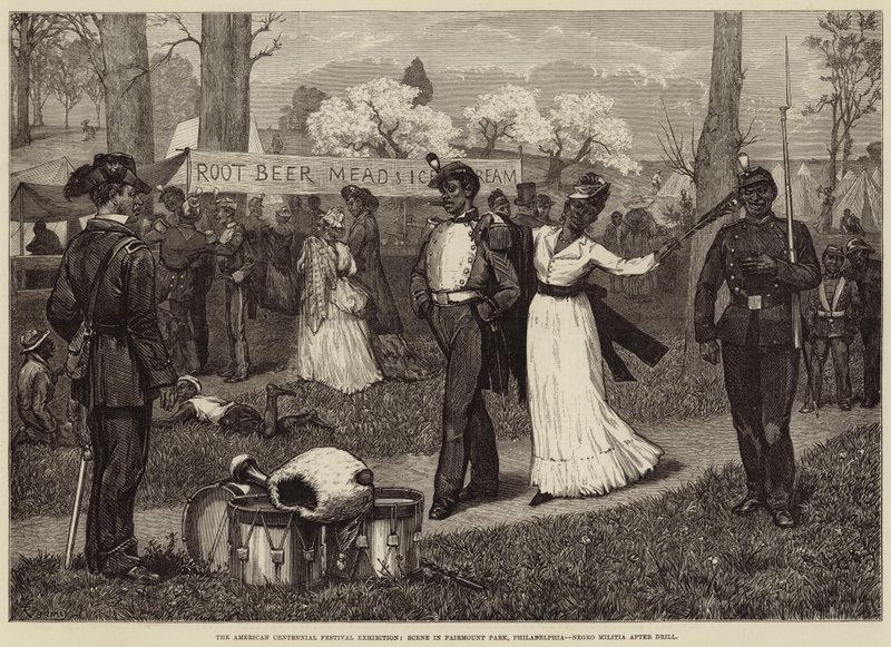 The American Centennial Festival Exhibition, Scene i Fairmount Park, Philadelphia, Negro Militia efter Drill af Felix Regamey