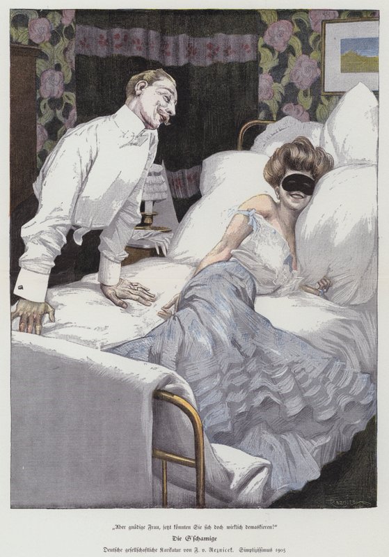 Mand taler med en maskeret kvinde i sengen, 1905 af Ferdinand von Reznicek