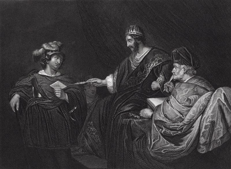 David sender et brev til Joab fra Uriah, II Samuel, kap XI, v 14 (kobberstik) af Ferdinand (after) Bol