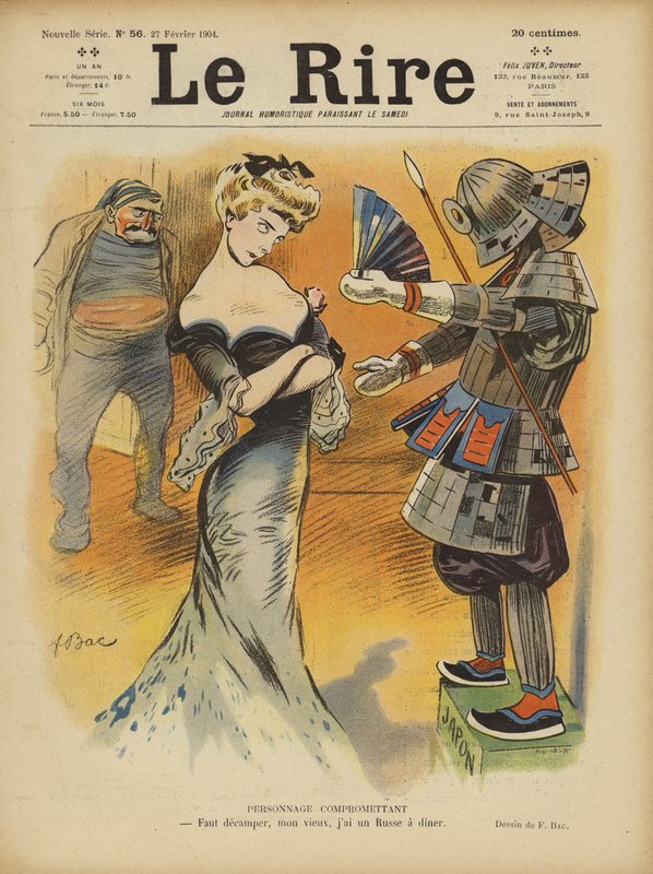 Satire over Frankrigs forhold til Japan, da spændingerne steg mellem japanerne og Frankrigs (farve litho) af Ferdinand Sigismund Bac