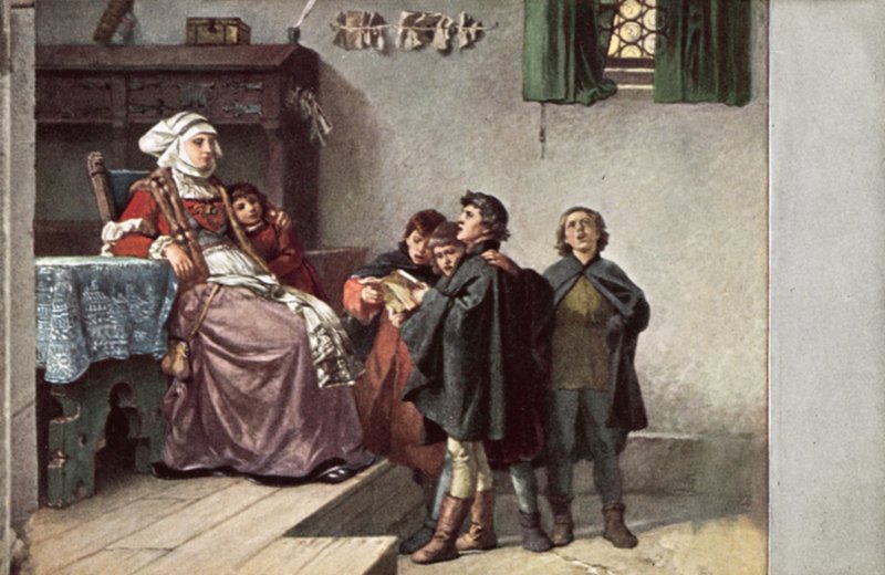 Martin Luther sang for Frau Cotta, da han var student i Eisenach, Tyskland, 1499 af Ferdinand Wilhelm Pauwels
