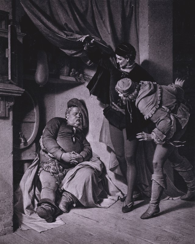 Scene fra Shakespeares Kong Henrik IV, del 1 (akt II, scene 4) (litho) af Ferdinand the Elder Piloty