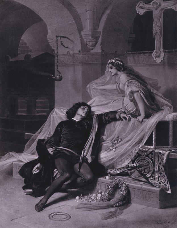 Scene fra Shakespeares Romeo og Julie (V. akt, scene 3) (litho) af Ferdinand the Elder Piloty