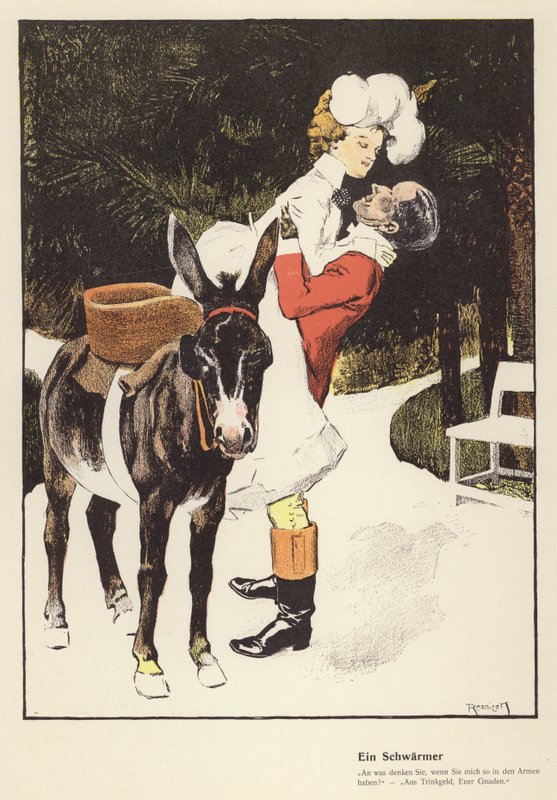 Mand hjælper en kvinde med at stige af et æsel (farve litho) af Ferdinand von Reznicek