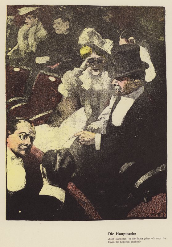 Kvinde ser gennem et par operabriller på teatret (farve litho) af Ferdinand von Reznicek