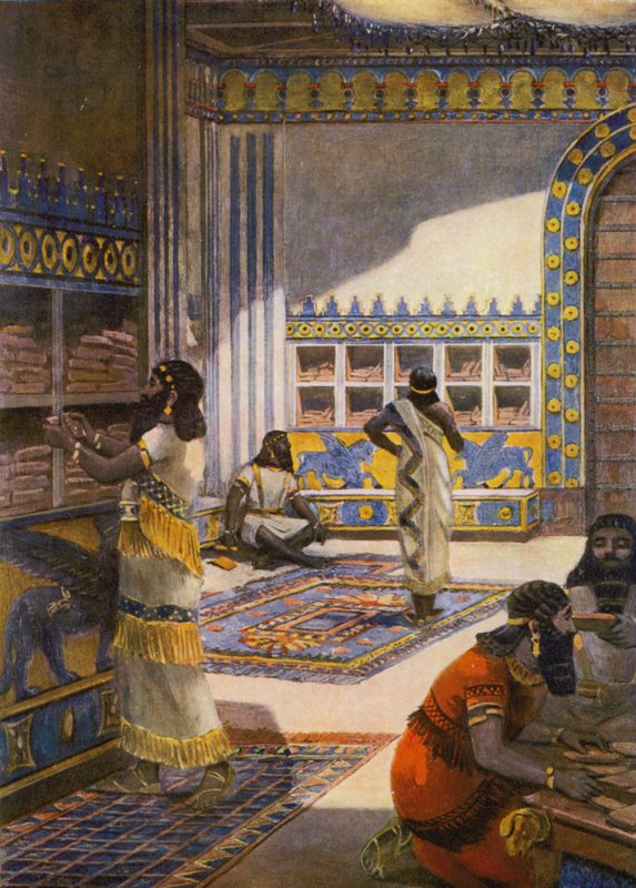 Kong Ashur-bani-pals berømte bibliotek i Nineve (farvelitografi) af Fernand Le Quesne
