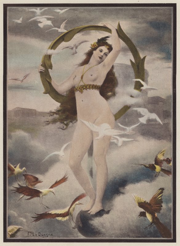 Kvinde omgivet af fugle (farve litho) af Fernand Le Quesne