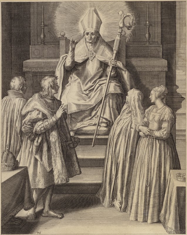 En skikkelse i bispedragt sidder på tronen med en glorie, der udgår fra hans hoved af Flemish School