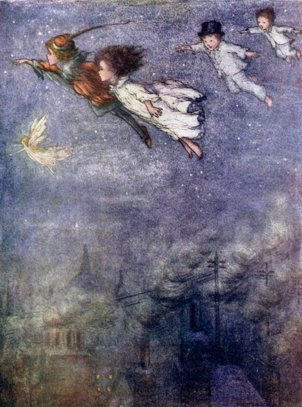 Peter og børnene flyver gennem natten (farvelitografi) af Flora White