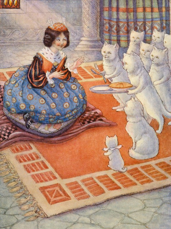 Kattene bragte prinsessen noget musetærte (farvelitografi) af Flora White