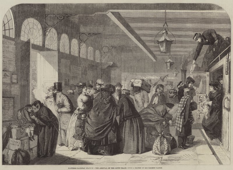 Hastings Railway Station, ankomsten af Down-toget af Florence Claxton