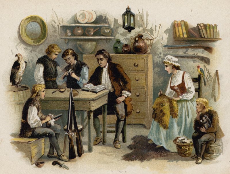 Scene fra The Swiss Family Robinson: Far læser for familien i Rock Castle (chromolitho) af Florence Maplestone