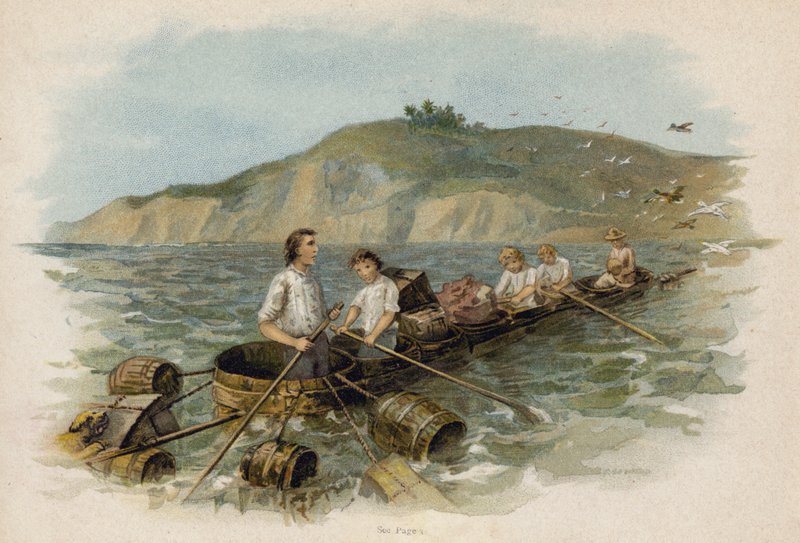 Scene fra den schweiziske familie Robinson: nærmer sig land i karbadet (chromolitho) af Florence Maplestone