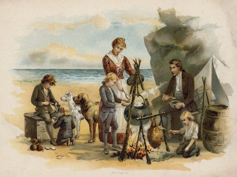 Scene fra den schweiziske familie Robinson: aftensmadstid efter den første ekspedition (chromolitho) af Florence Maplestone
