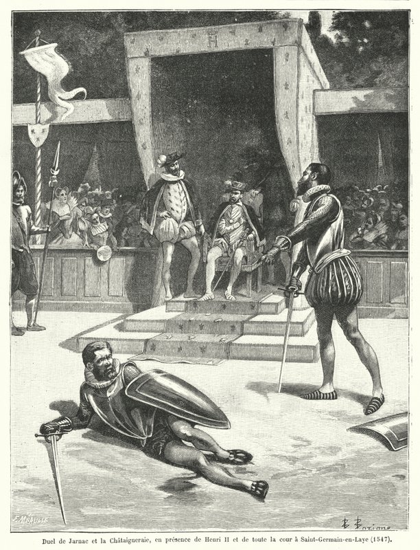 Duel mellem Guy Cabot de Jarnac og Francois de Vivonne, Seigneur de la Chataigneraie foran kong Henrik II af Frankrig og hele hans hof ved St. Germain-en-Laye af Fortune Louis Meaulle
