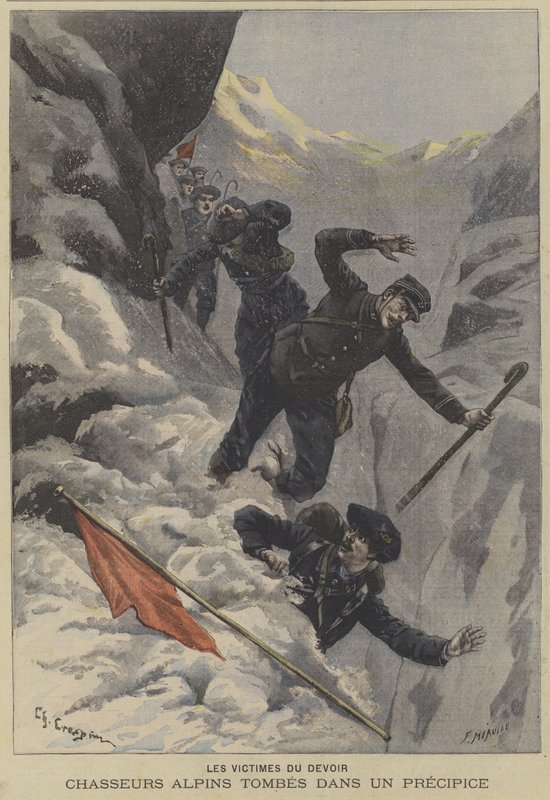 Franske Chasseurs Alpins bjergtropper falder over et afgrund af Fortune Louis Meaulle