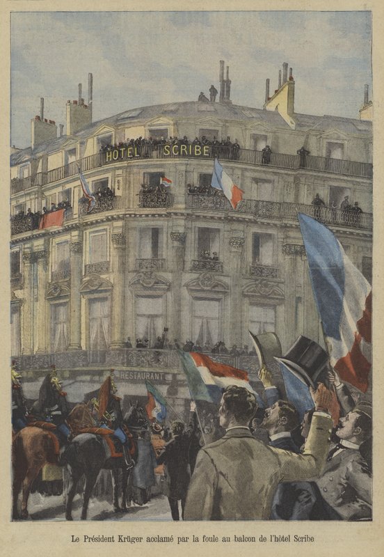 Paul Kruger, tidligere præsident for Transvaal, på balkonen på Hotel Scribe i Paris, modtog hyldest fra publikum af Fortune Louis Meaulle