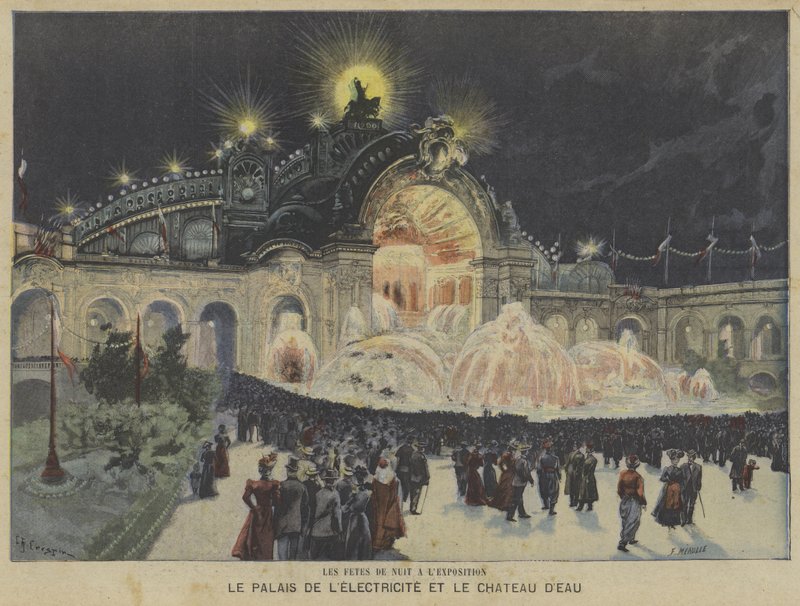 Elektricitetspaladset og vandslottet om natten, Exposition Universelle 1900, Paris af Fortune Louis Meaulle
