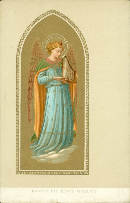 Engel, der spiller på et musikinstrument (chromolitho) af Fra (after) Angelico
