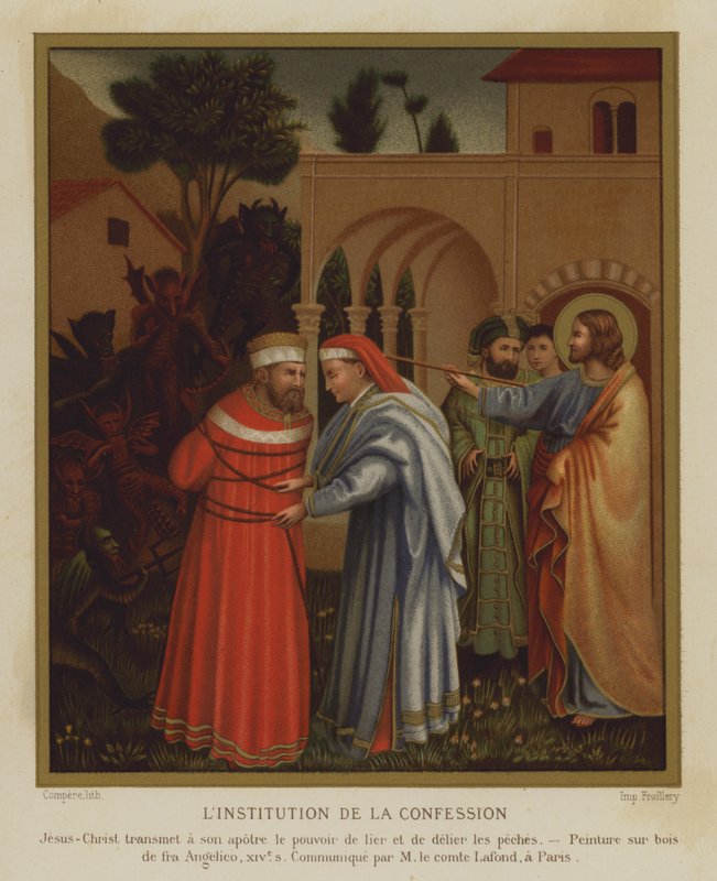 Bekendelsens institution (farve litho) af Fra (after) Angelico