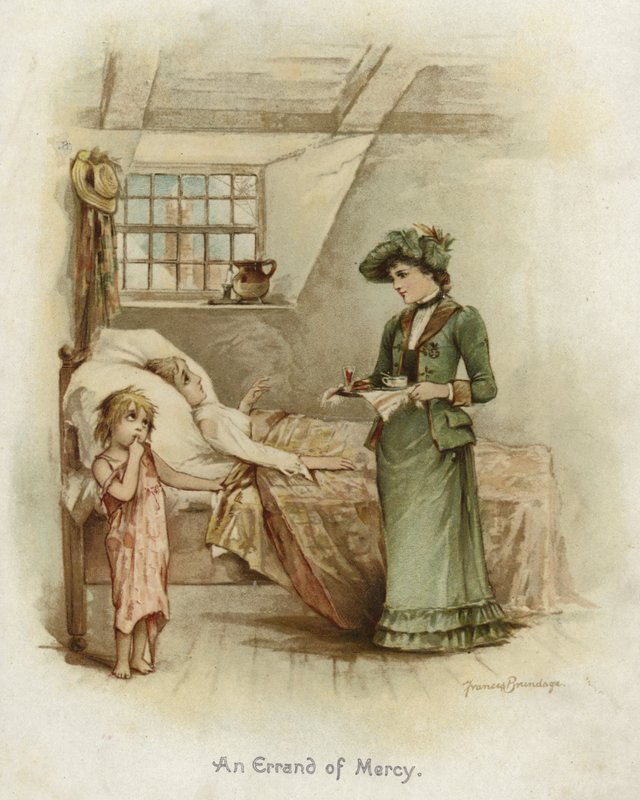 En kvinde holder en bakke ved siden af en seng af Frances Brundage