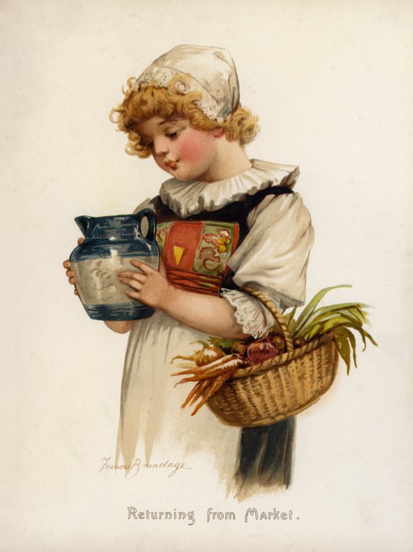 Piger: Vender tilbage fra markedet (farve litho) af Frances Brundage