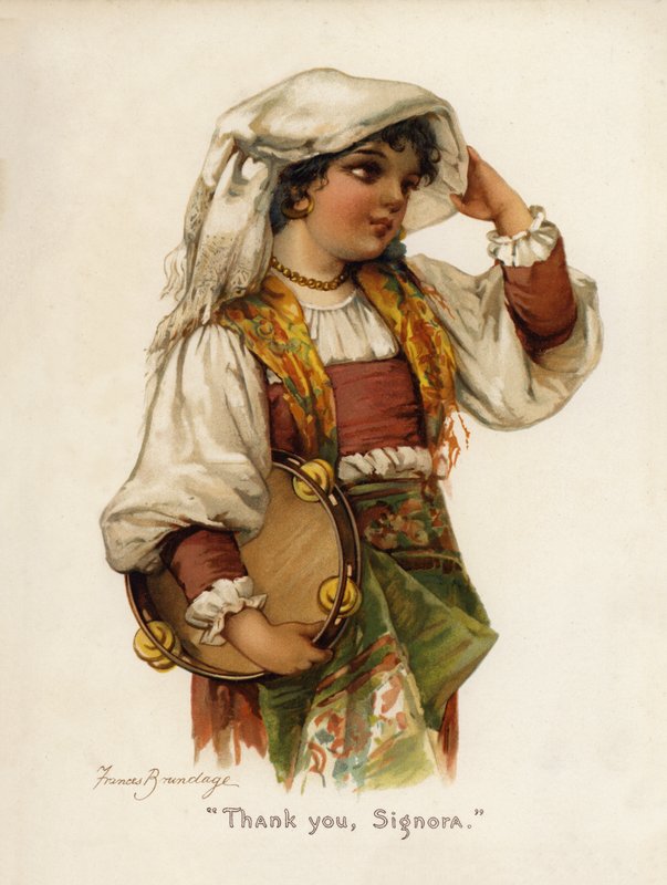 Piger: "Tak, Signora" (farve litho) af Frances Brundage
