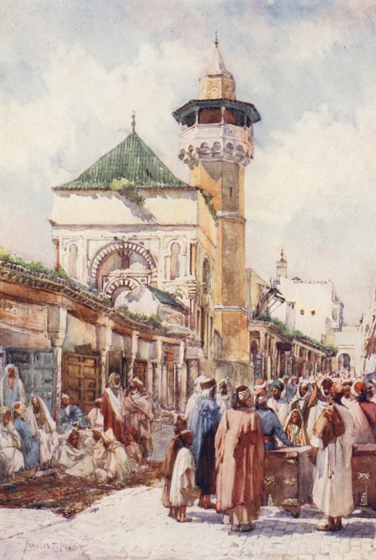 Moskeen i Sidi Ben Ziad, Tunis, auktionsdagen (farvelitografi) af Frances Nesbitt