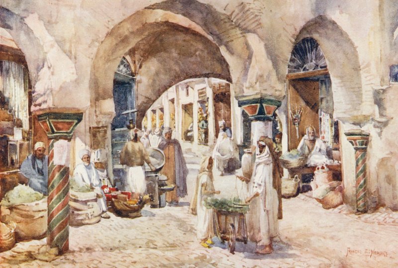 Souk el Attarin, Tunis (farvelitografi) af Frances Nesbitt