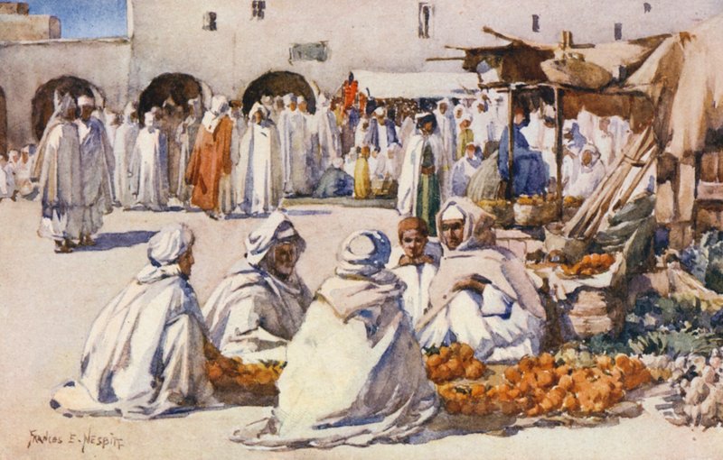 Frugtmarkedet, Biskra (farvelitografi) af Frances Nesbitt