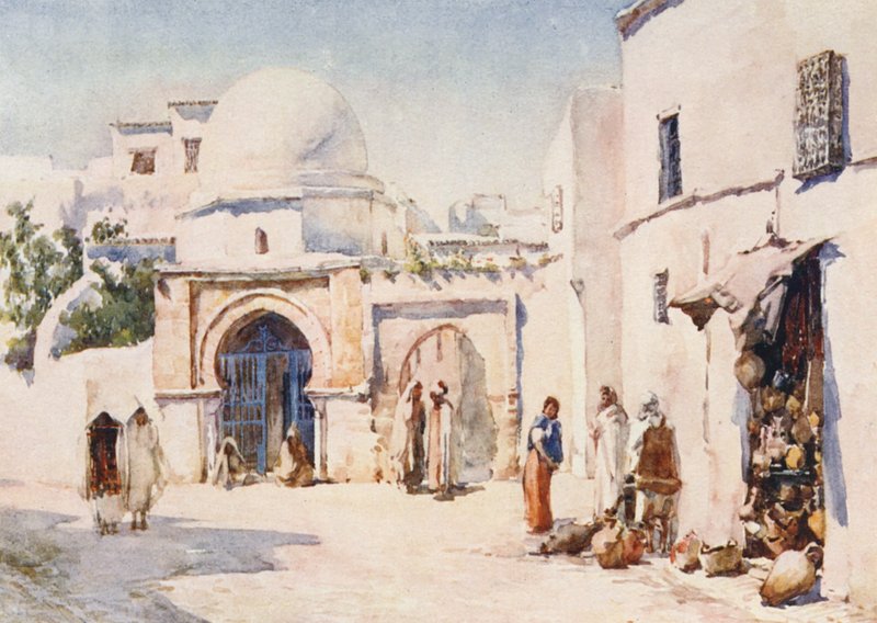 Zaouia i Rue Tourbet el Bey, Tunis (farvelitografi) af Frances Nesbitt