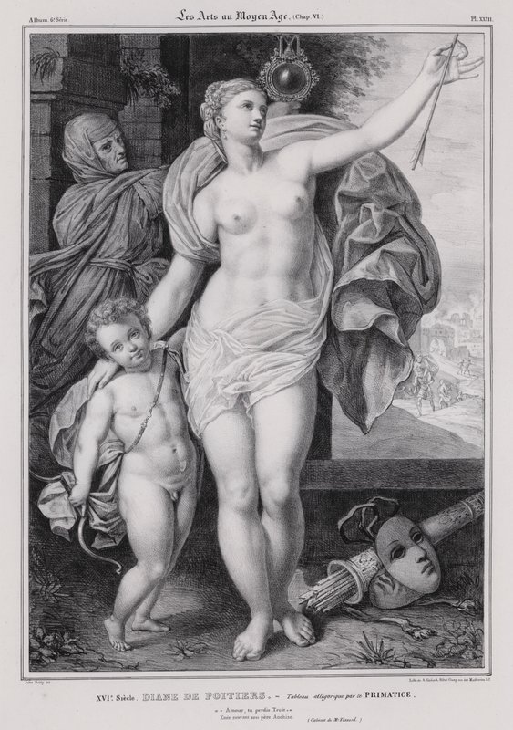 Allegorisk maleri af Diane de Poitiers, elskerinde til kong Henrik II af Frankrig (litho) af Francesco Primaticcio